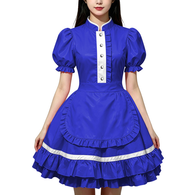 Party Lolita French Maid Dress Outfits Glossy PVC Leather Puff Sleeve Fancy Maid Uniforms Sweet Latex-look Cosplay Maid Dresses