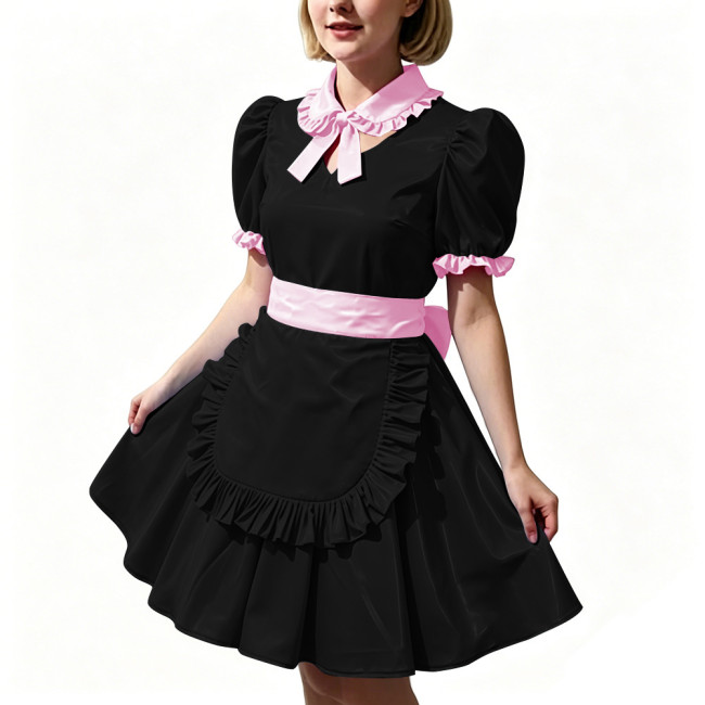 Women's Shiny PVC Maid Uniforms Sweet Collar Apron Short Puff Sleeve Maid Dress for Carnival Cosplay Outfits Fancy Dress Party