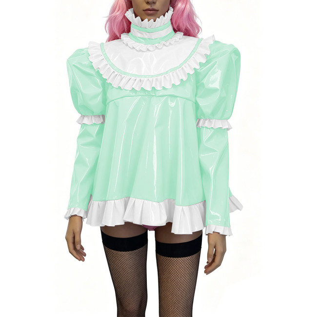 Glossy PVC Lolita Ruffle Blouse Womens Mens High Neck Puff Long Sleeve Shiny Top Sexy Mini Dress Halloween Cosplay Party Outfits