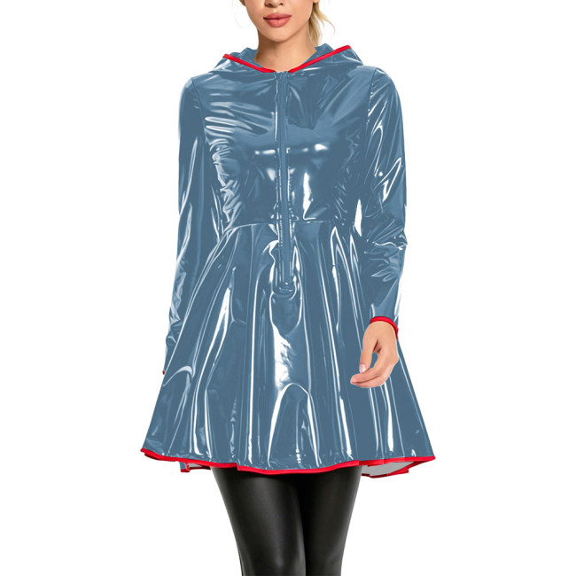 Club Fashion Shiny Vinyl Hooded Mini Dress Womens Long Sleeve Zip Front Flare Dress with Red Piping Glossy PVC Leather Dresses