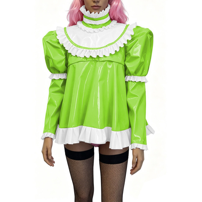 Glossy PVC Lolita Ruffle Blouse Womens Mens High Neck Puff Long Sleeve Shiny Top Sexy Mini Dress Halloween Cosplay Party Outfits