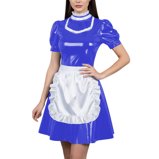 Womens Glossy Cospaly Maid Costume Sissy Puff Sleeve High Neck A-Line Dress with Apron Carnival Role Play Halloween Party Outfit