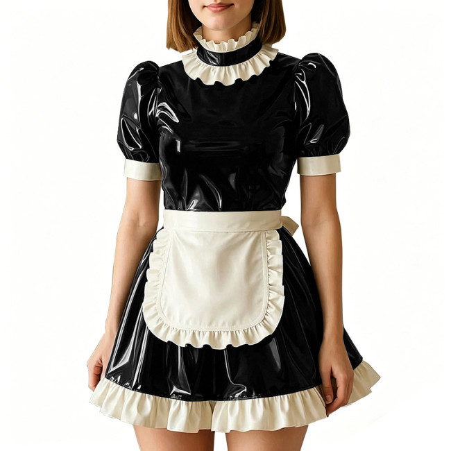 Vinyl PVC Leather Servant Maid Uniforms Sissy Party Cosplay Anime Costume High Neck Glossy Pleated Mini Maid Dress with Apron