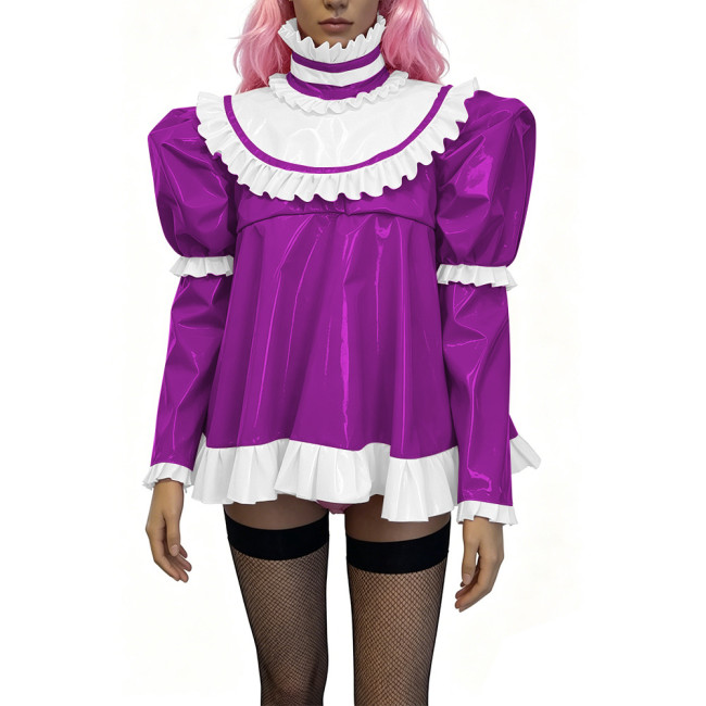 Glossy PVC Lolita Ruffle Blouse Womens Mens High Neck Puff Long Sleeve Shiny Top Sexy Mini Dress Halloween Cosplay Party Outfits