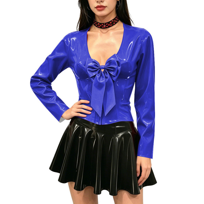 Women's Shiny PVC Long Sleeve Blouse Deep V Neck Big Bow Slim Fit Top Wet Look Faux Leather Shirt for Clubwear Party Outfits