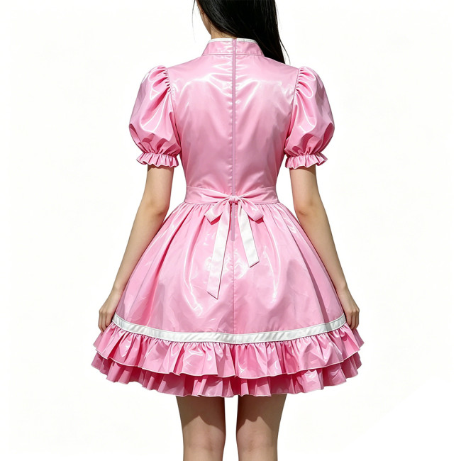 Party Lolita French Maid Dress Outfits Glossy PVC Leather Puff Sleeve Fancy Maid Uniforms Sweet Latex-look Cosplay Maid Dresses