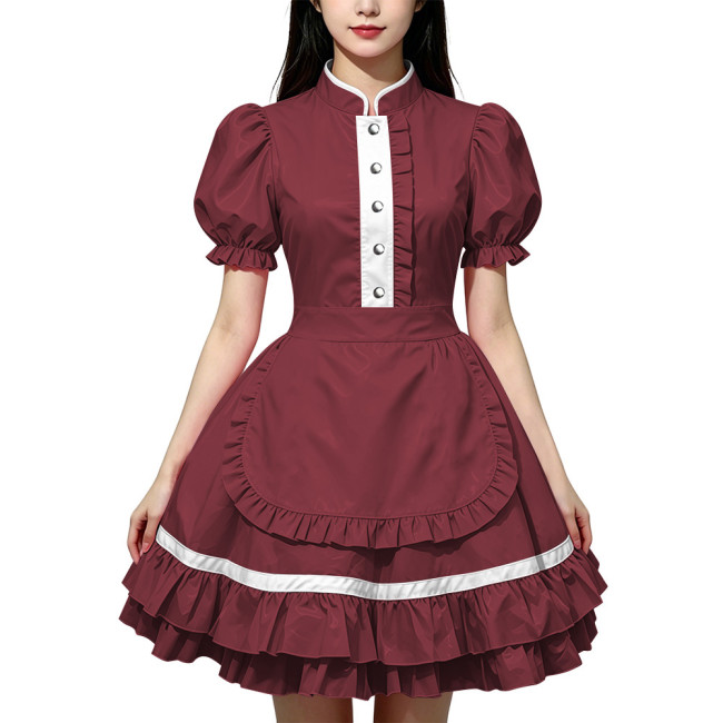 Party Lolita French Maid Dress Outfits Glossy PVC Leather Puff Sleeve Fancy Maid Uniforms Sweet Latex-look Cosplay Maid Dresses