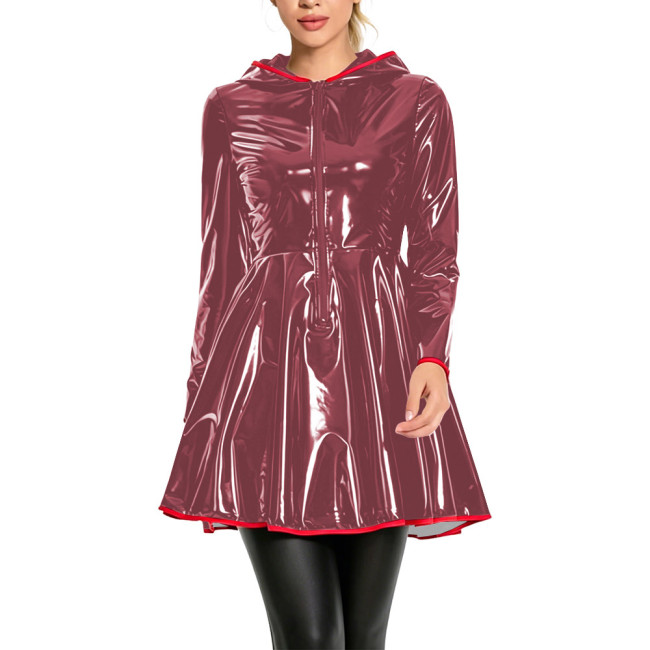 Club Fashion Shiny Vinyl Hooded Mini Dress Womens Long Sleeve Zip Front Flare Dress with Red Piping Glossy PVC Leather Dresses