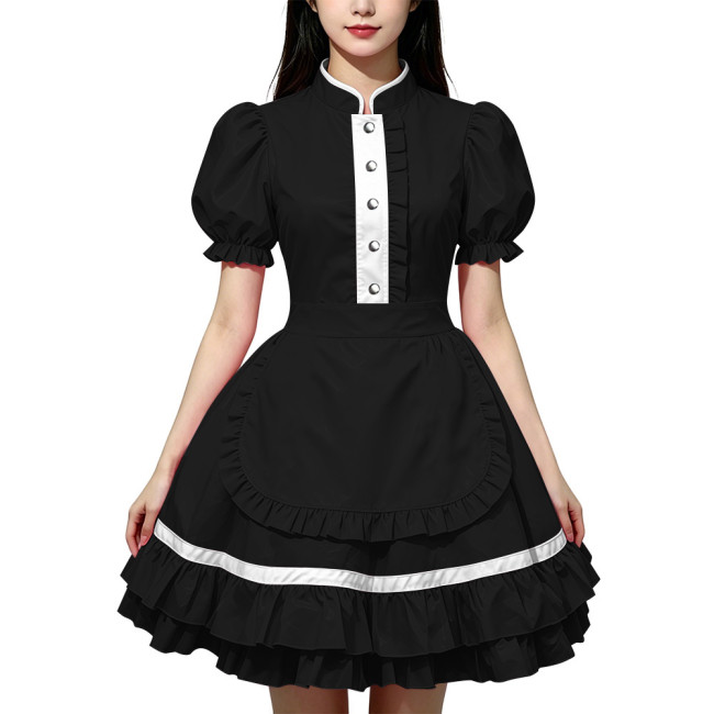Party Lolita French Maid Dress Outfits Glossy PVC Leather Puff Sleeve Fancy Maid Uniforms Sweet Latex-look Cosplay Maid Dresses