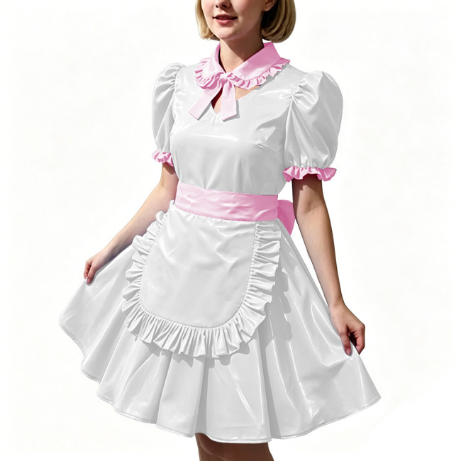 Women's Shiny PVC Maid Uniforms Sweet Collar Apron Short Puff Sleeve Maid Dress for Carnival Cosplay Outfits Fancy Dress Party