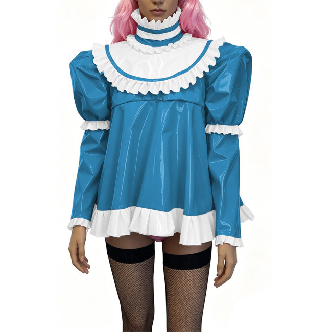 Glossy PVC Lolita Ruffle Blouse Womens Mens High Neck Puff Long Sleeve Shiny Top Sexy Mini Dress Halloween Cosplay Party Outfits