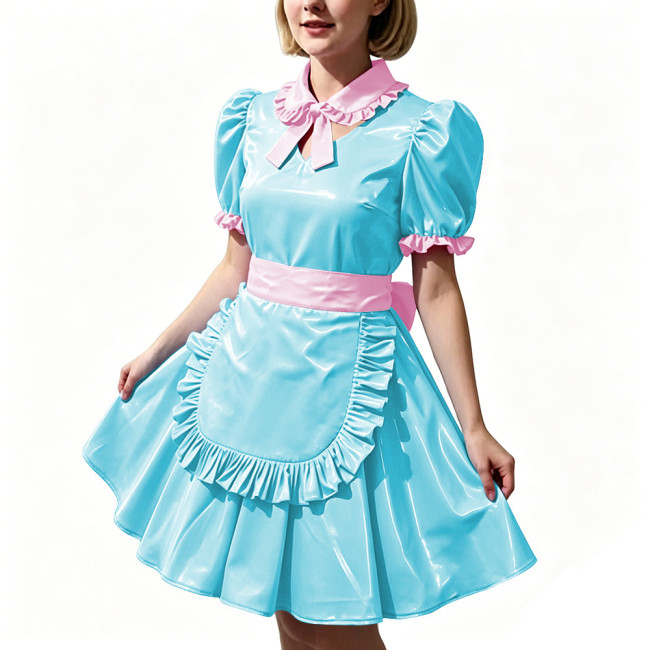 Women's Shiny PVC Maid Uniforms Sweet Collar Apron Short Puff Sleeve Maid Dress for Carnival Cosplay Outfits Fancy Dress Party