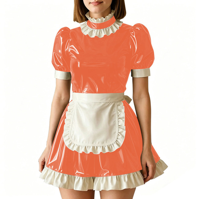 Vinyl PVC Leather Servant Maid Uniforms Sissy Party Cosplay Anime Costume High Neck Glossy Pleated Mini Maid Dress with Apron