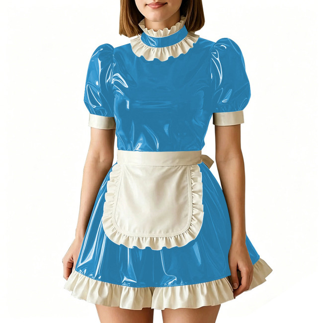Vinyl PVC Leather Servant Maid Uniforms Sissy Party Cosplay Anime Costume High Neck Glossy Pleated Mini Maid Dress with Apron