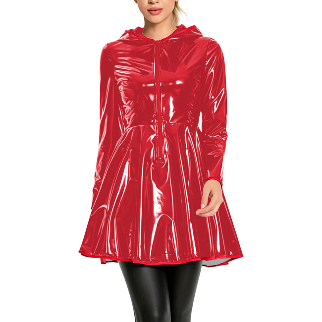 Club Fashion Shiny Vinyl Hooded Mini Dress Womens Long Sleeve Zip Front Flare Dress with Red Piping Glossy PVC Leather Dresses