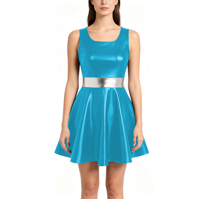 Womens Metallic A-line Mini Dress Shiny Nightclub Sundress Halloween Party Cosplay Costume Round Neck Sleeveless Dance Dress