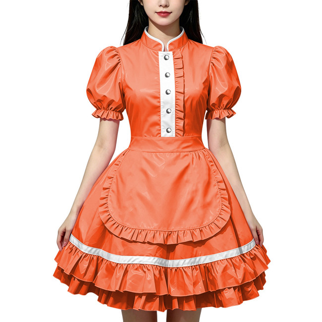Party Lolita French Maid Dress Outfits Glossy PVC Leather Puff Sleeve Fancy Maid Uniforms Sweet Latex-look Cosplay Maid Dresses