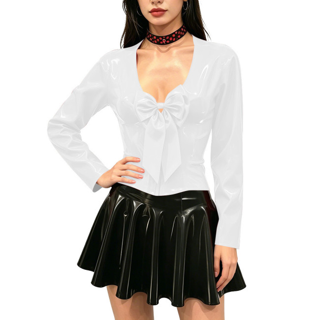 Women's Shiny PVC Long Sleeve Blouse Deep V Neck Big Bow Slim Fit Top Wet Look Faux Leather Shirt for Clubwear Party Outfits