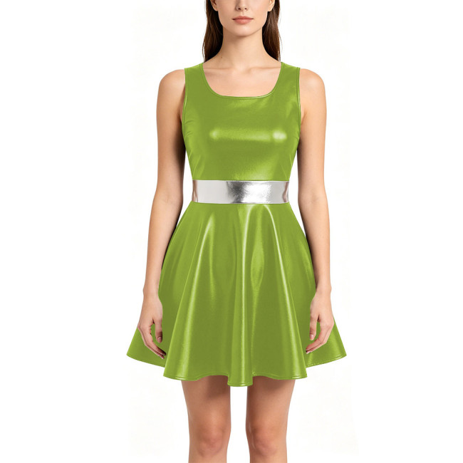Womens Metallic A-line Mini Dress Shiny Nightclub Sundress Halloween Party Cosplay Costume Round Neck Sleeveless Dance Dress