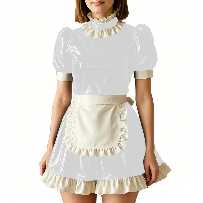Vinyl PVC Leather Servant Maid Uniforms Sissy Party Cosplay Anime Costume High Neck Glossy Pleated Mini Maid Dress with Apron