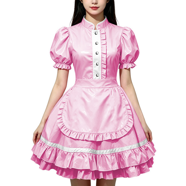 Party Lolita French Maid Dress Outfits Glossy PVC Leather Puff Sleeve Fancy Maid Uniforms Sweet Latex-look Cosplay Maid Dresses