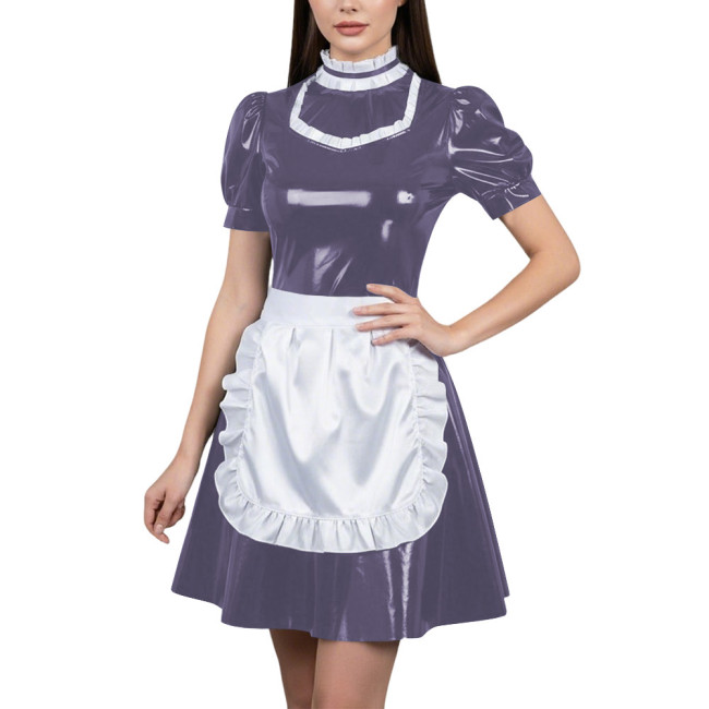 Womens Glossy Cospaly Maid Costume Sissy Puff Sleeve High Neck A-Line Dress with Apron Carnival Role Play Halloween Party Outfit