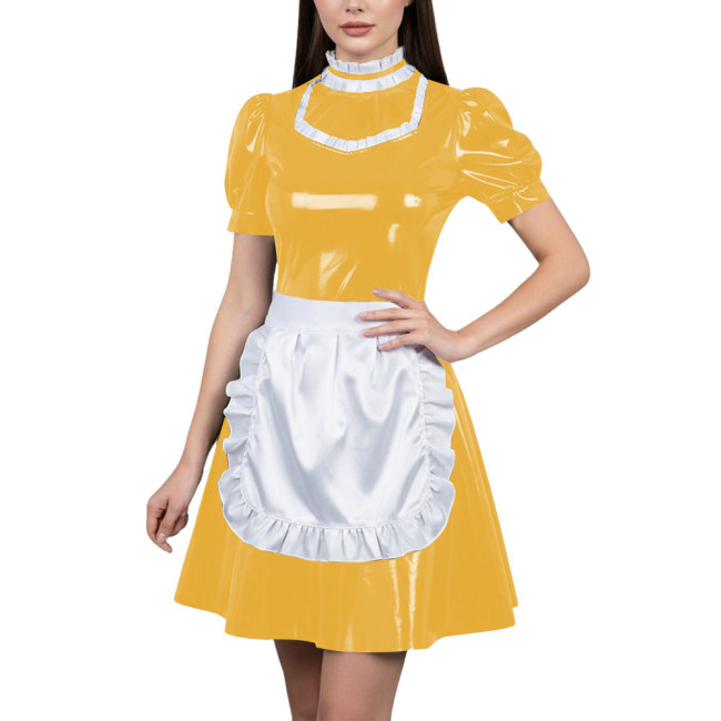 Womens Glossy Cospaly Maid Costume Sissy Puff Sleeve High Neck A-Line Dress with Apron Carnival Role Play Halloween Party Outfit