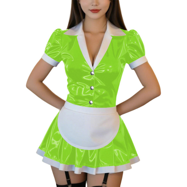 Womens Sexy PVC Mini Maid Dress Outfit Gothic Lapel V-neck Puff Sleeve A-line Dress with Apron Wetlook Club Cosplay Maid Uniform
