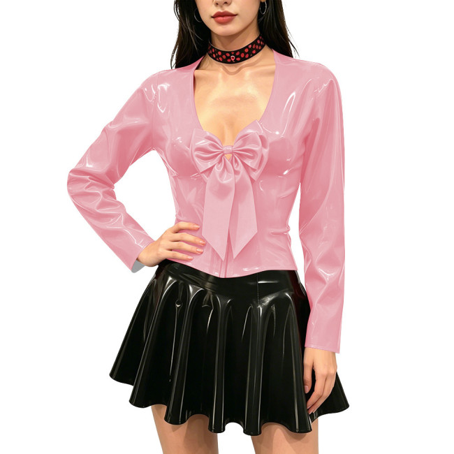 Women's Shiny PVC Long Sleeve Blouse Deep V Neck Big Bow Slim Fit Top Wet Look Faux Leather Shirt for Clubwear Party Outfits
