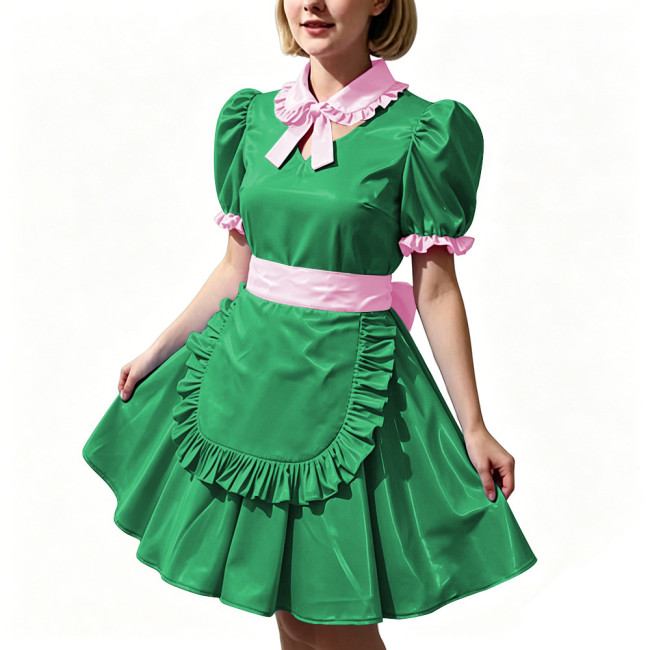 Women's Shiny PVC Maid Uniforms Sweet Collar Apron Short Puff Sleeve Maid Dress for Carnival Cosplay Outfits Fancy Dress Party