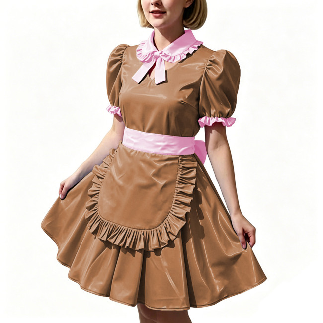 Women's Shiny PVC Maid Uniforms Sweet Collar Apron Short Puff Sleeve Maid Dress for Carnival Cosplay Outfits Fancy Dress Party