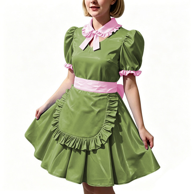 Women's Shiny PVC Maid Uniforms Sweet Collar Apron Short Puff Sleeve Maid Dress for Carnival Cosplay Outfits Fancy Dress Party