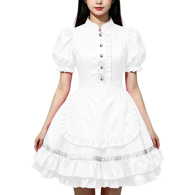 Party Lolita French Maid Dress Outfits Glossy PVC Leather Puff Sleeve Fancy Maid Uniforms Sweet Latex-look Cosplay Maid Dresses
