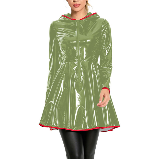Club Fashion Shiny Vinyl Hooded Mini Dress Womens Long Sleeve Zip Front Flare Dress with Red Piping Glossy PVC Leather Dresses