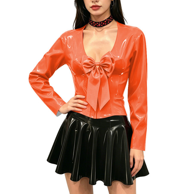 Women's Shiny PVC Long Sleeve Blouse Deep V Neck Big Bow Slim Fit Top Wet Look Faux Leather Shirt for Clubwear Party Outfits