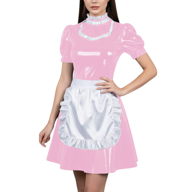 Womens Glossy Cospaly Maid Costume Sissy Puff Sleeve High Neck A-Line Dress with Apron Carnival Role Play Halloween Party Outfit