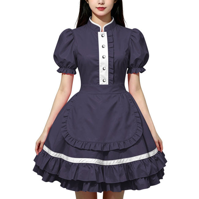 Party Lolita French Maid Dress Outfits Glossy PVC Leather Puff Sleeve Fancy Maid Uniforms Sweet Latex-look Cosplay Maid Dresses