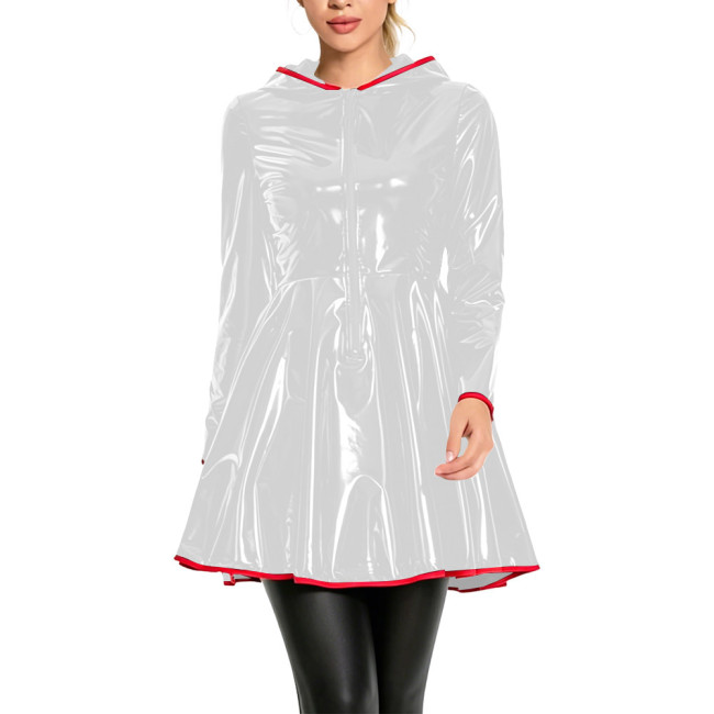 Club Fashion Shiny Vinyl Hooded Mini Dress Womens Long Sleeve Zip Front Flare Dress with Red Piping Glossy PVC Leather Dresses
