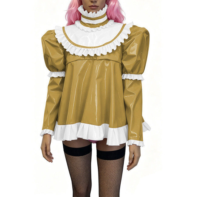 Glossy PVC Lolita Ruffle Blouse Womens Mens High Neck Puff Long Sleeve Shiny Top Sexy Mini Dress Halloween Cosplay Party Outfits