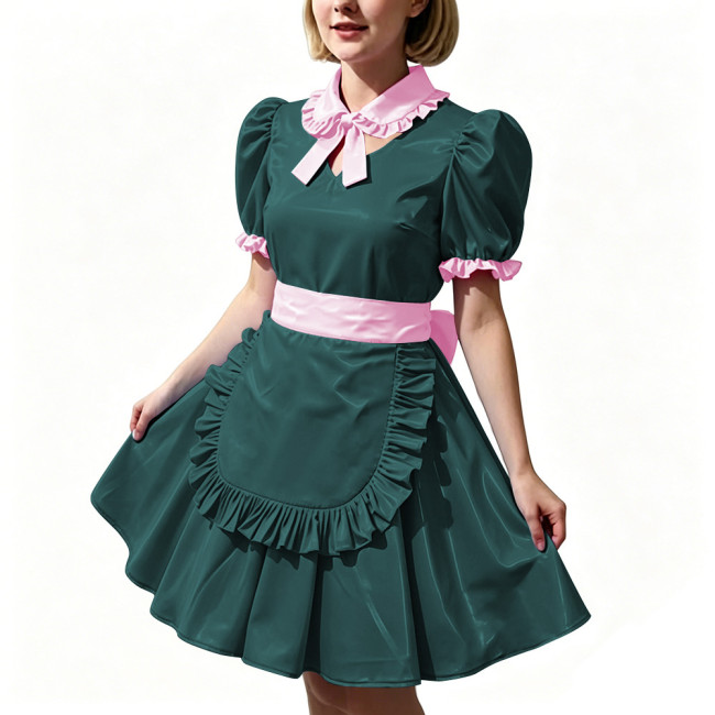 Women's Shiny PVC Maid Uniforms Sweet Collar Apron Short Puff Sleeve Maid Dress for Carnival Cosplay Outfits Fancy Dress Party