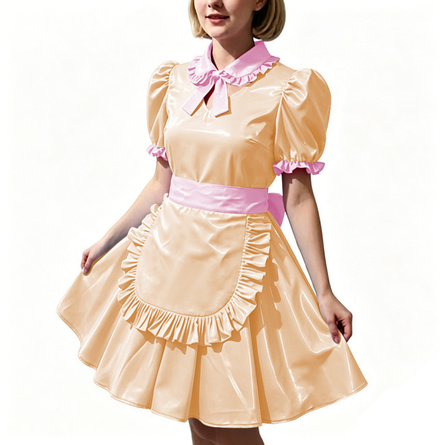 Women's Shiny PVC Maid Uniforms Sweet Collar Apron Short Puff Sleeve Maid Dress for Carnival Cosplay Outfits Fancy Dress Party