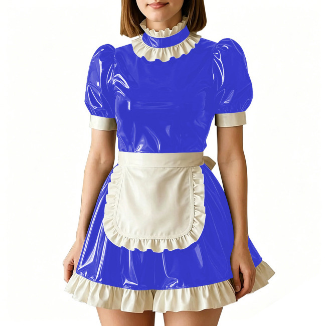 Vinyl PVC Leather Servant Maid Uniforms Sissy Party Cosplay Anime Costume High Neck Glossy Pleated Mini Maid Dress with Apron