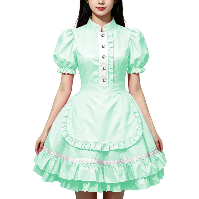 Party Lolita French Maid Dress Outfits Glossy PVC Leather Puff Sleeve Fancy Maid Uniforms Sweet Latex-look Cosplay Maid Dresses
