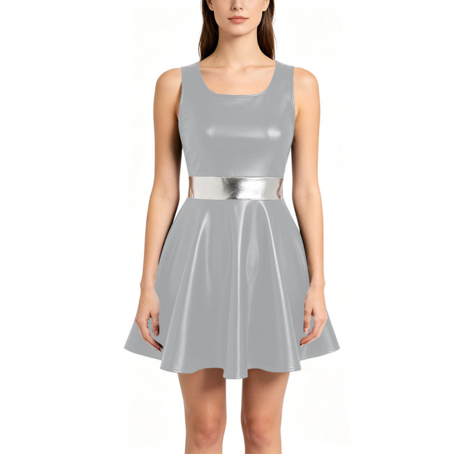 Womens Metallic A-line Mini Dress Shiny Nightclub Sundress Halloween Party Cosplay Costume Round Neck Sleeveless Dance Dress
