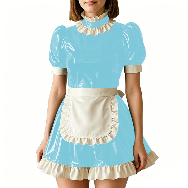 Vinyl PVC Leather Servant Maid Uniforms Sissy Party Cosplay Anime Costume High Neck Glossy Pleated Mini Maid Dress with Apron