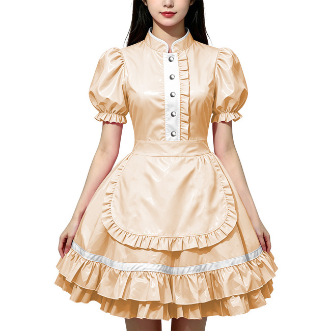 Party Lolita French Maid Dress Outfits Glossy PVC Leather Puff Sleeve Fancy Maid Uniforms Sweet Latex-look Cosplay Maid Dresses