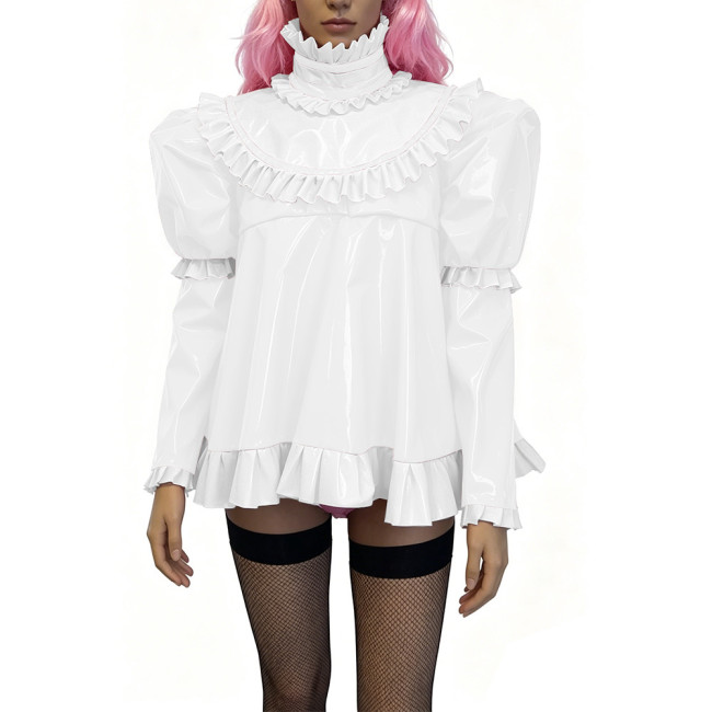 Glossy PVC Lolita Ruffle Blouse Womens Mens High Neck Puff Long Sleeve Shiny Top Sexy Mini Dress Halloween Cosplay Party Outfits