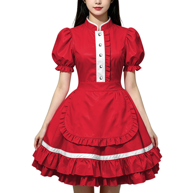 Party Lolita French Maid Dress Outfits Glossy PVC Leather Puff Sleeve Fancy Maid Uniforms Sweet Latex-look Cosplay Maid Dresses