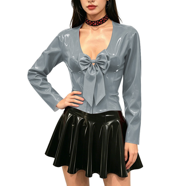Women's Shiny PVC Long Sleeve Blouse Deep V Neck Big Bow Slim Fit Top Wet Look Faux Leather Shirt for Clubwear Party Outfits