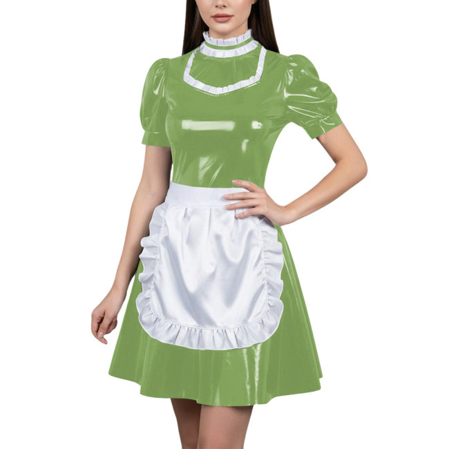 Womens Glossy Cospaly Maid Costume Sissy Puff Sleeve High Neck A-Line Dress with Apron Carnival Role Play Halloween Party Outfit